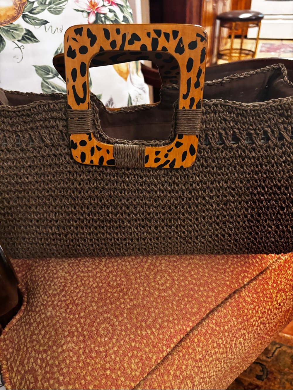 Woven Dark Brown Tote with Leopard-Print Wooden Handles - Picture 2 of 4